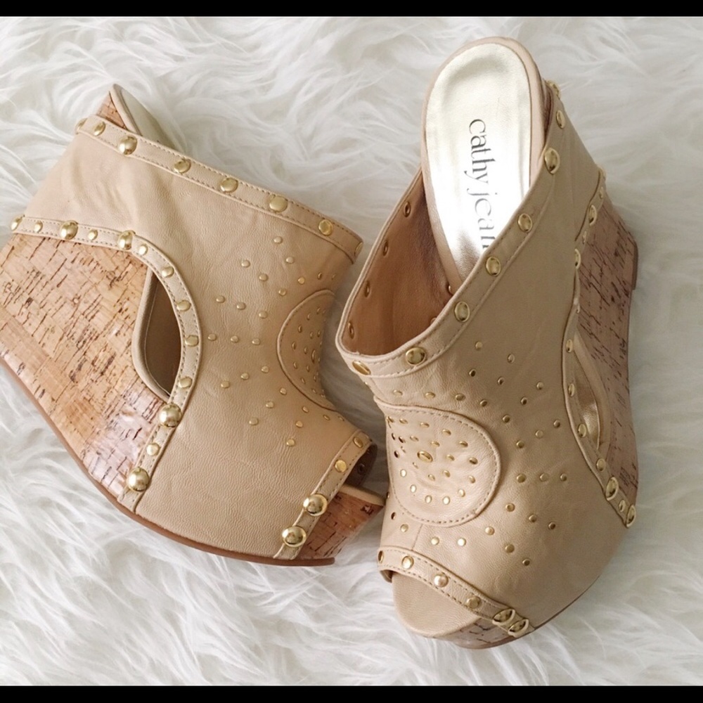Cathy Jean tan Cork Wedges with Gold round studs Bohemian Summer Style s…
